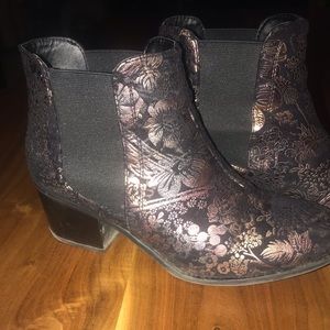 Rose gold metallic and black ankle boots